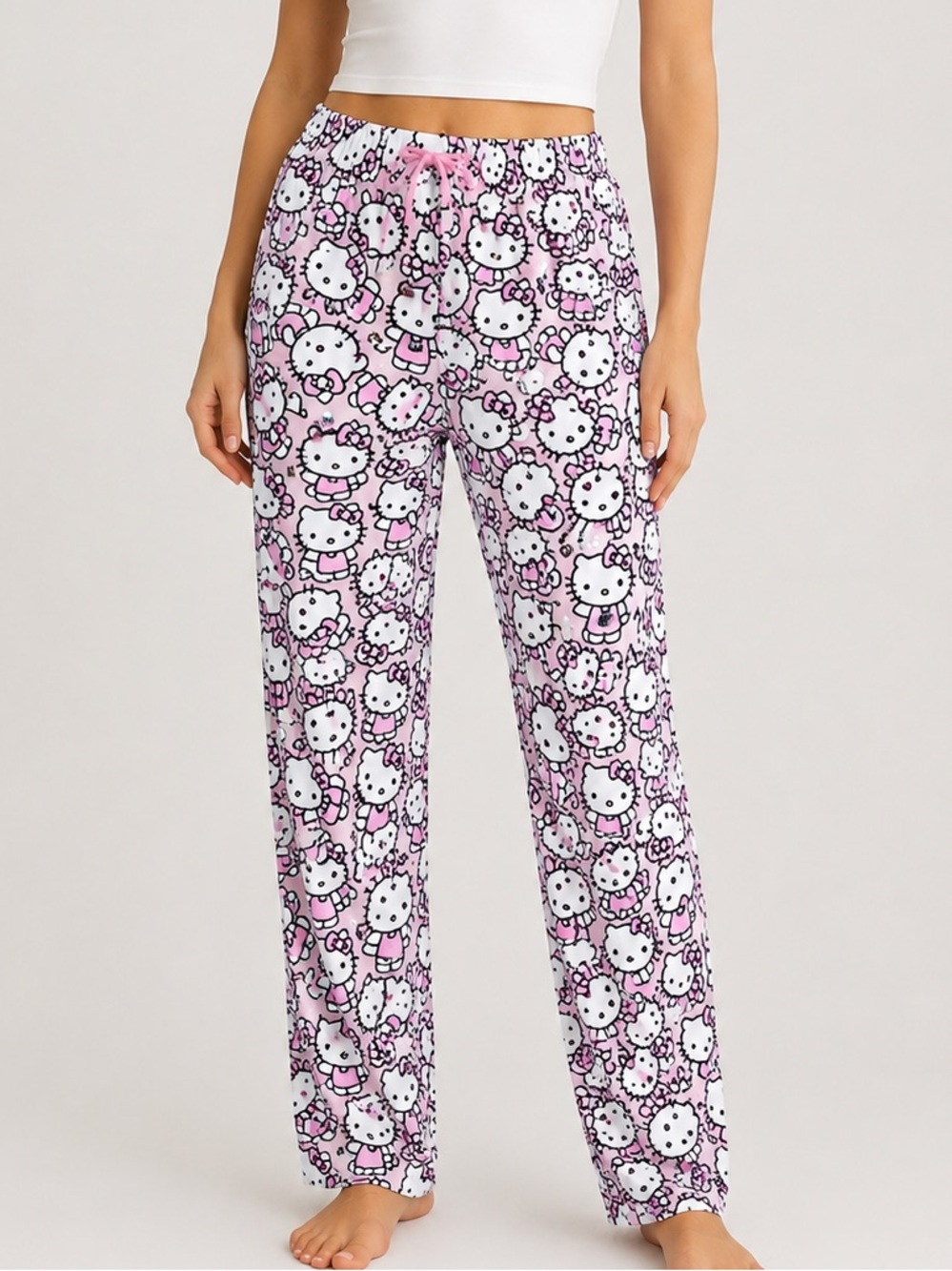 Hello Kitty Womens Lounge Sleep Pants NWT Pink Black Size Large Drawstring Fuzzy